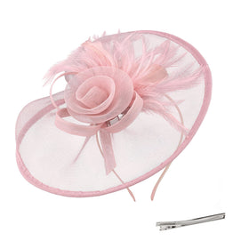 Amariver fascinator hat in pink mesh with feather detail for elegant events.