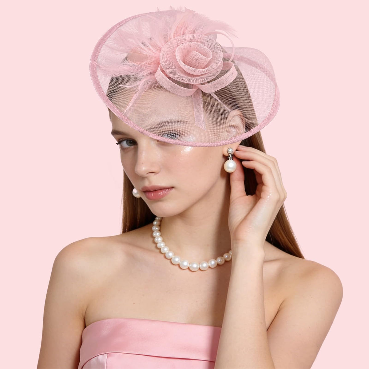 Amariver fascinator hat with fabric rose and feathers for weddings or parties.