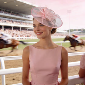 Amariver fascinator hat styled with a wedding outfit for a romantic look.