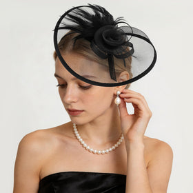 Amariver tea-party hat with feather and fabric rose accent.