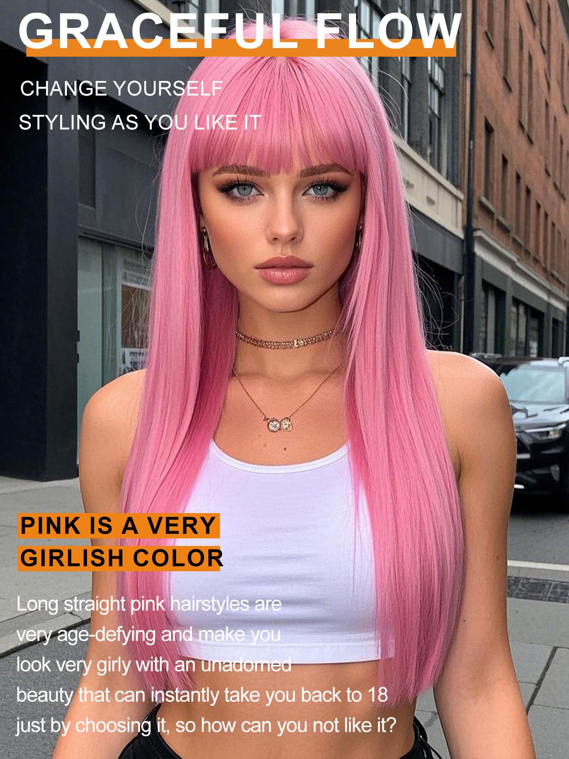 Amarlis pink wig with bangs closeup highlighting natural fringe