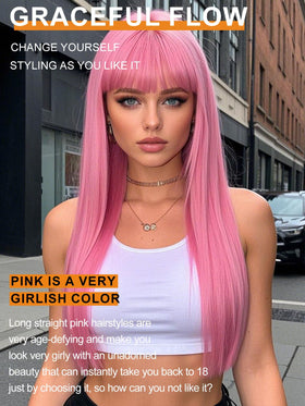 Amarlis pink wig with bangs closeup highlighting natural fringe