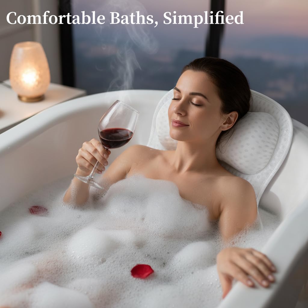 AmazeFan pillow detail shows quick-drying, breathable fabric for clean baths.
