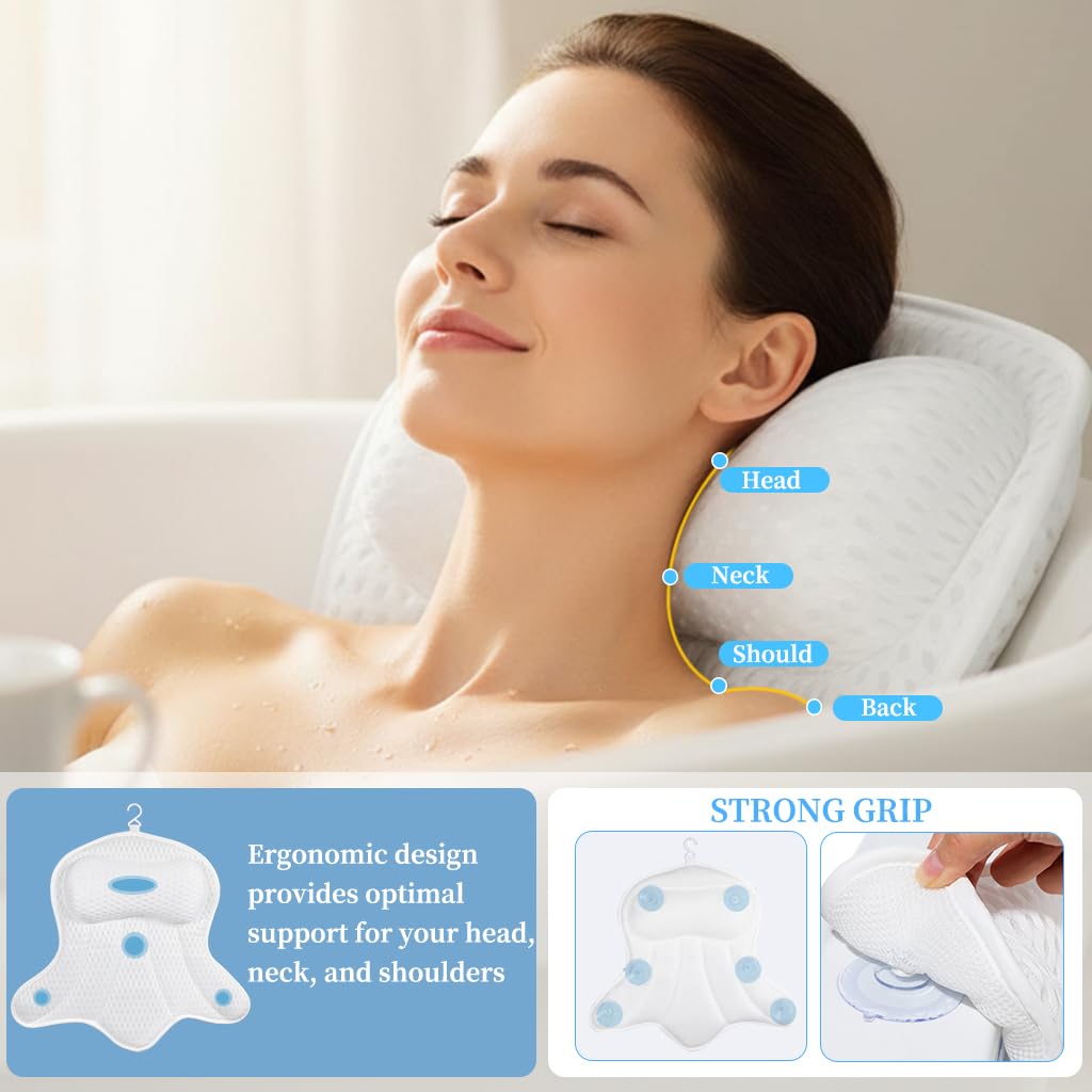 AmazeFan bath pillow back view with six suction cups for secure placement.