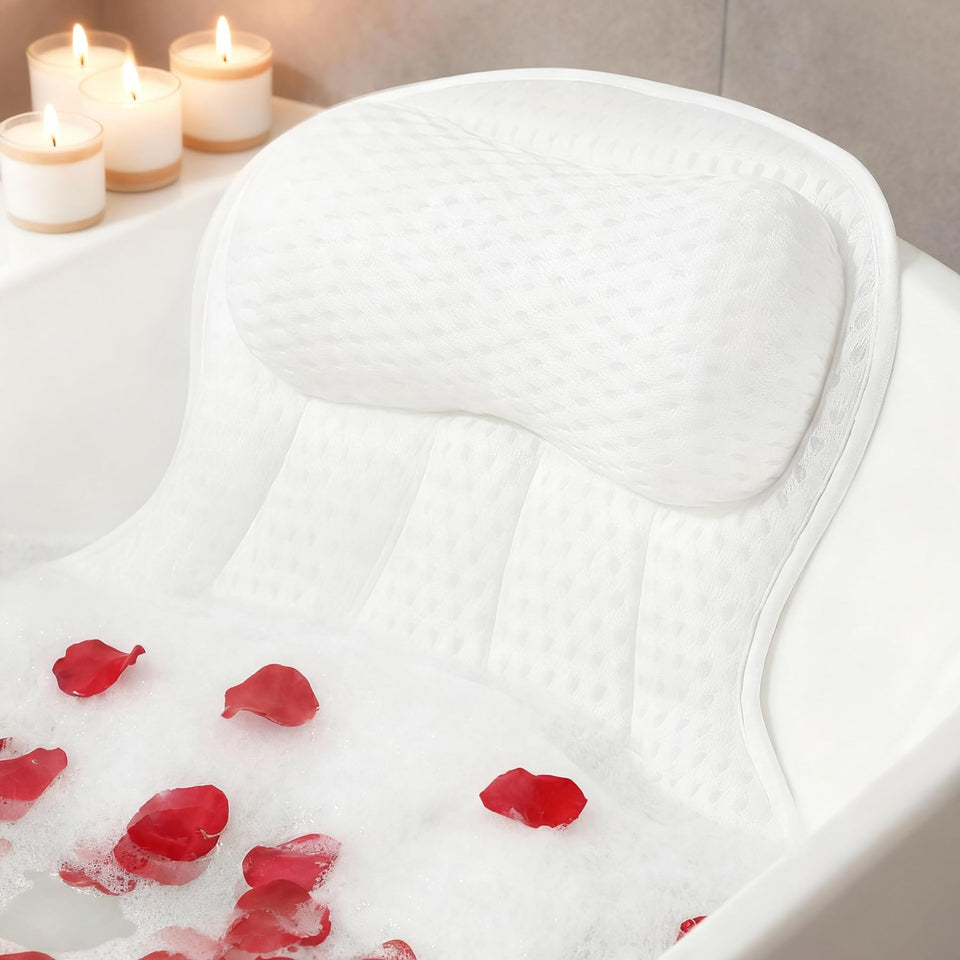 AmazeFan luxury bath pillow front view shows ergonomic head support for a relaxing soak.