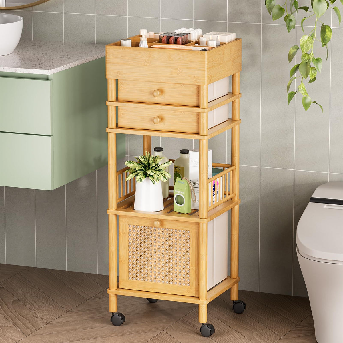 Amazer bamboo makeup organizer cart front view with 3 drawers for neat cosmetics storage