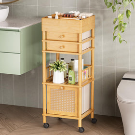 Amazer bamboo makeup organizer cart front view with 3 drawers for neat cosmetics storage