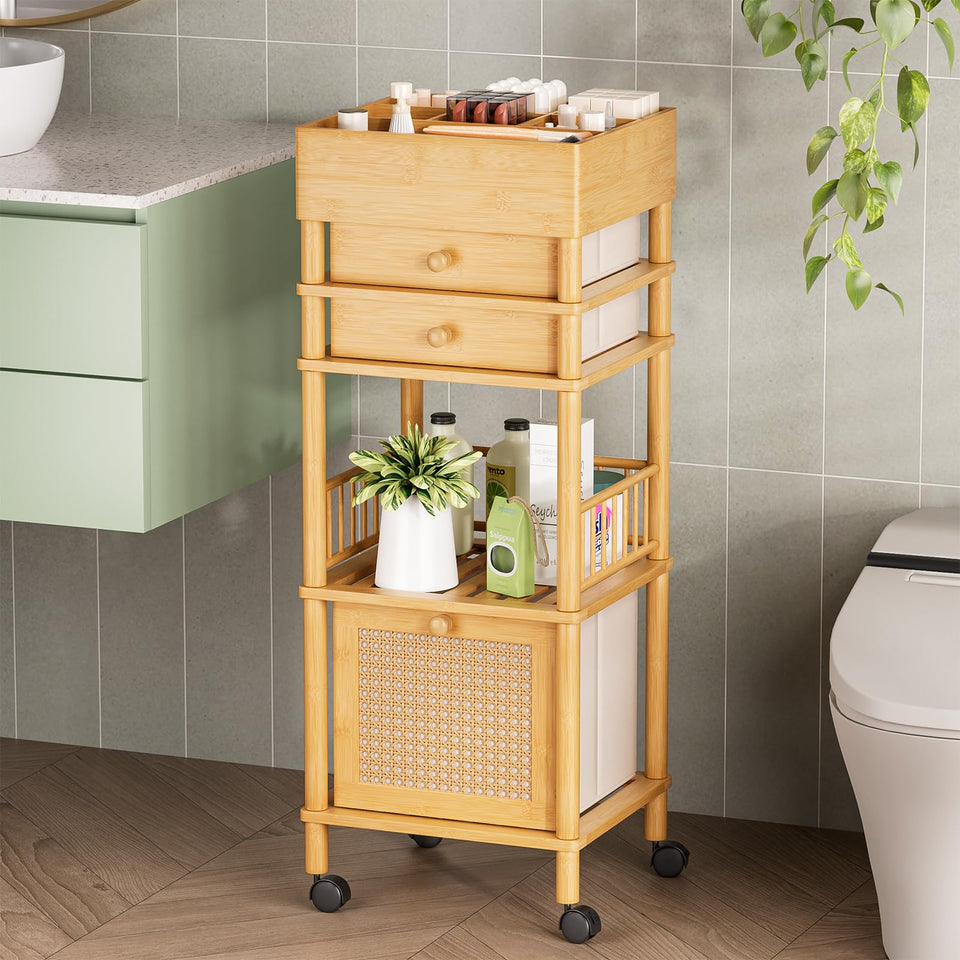 Amazer bamboo makeup organizer cart front view with 3 drawers for neat cosmetics storage