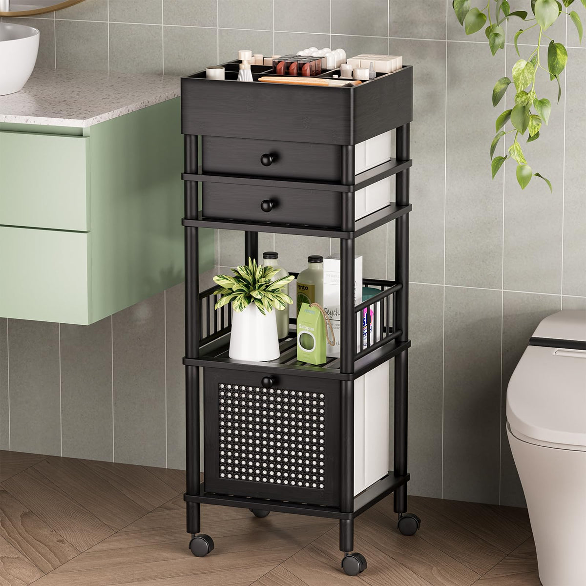 Amazer bamboo makeup organizer cart with top view for easy cosmetics access.