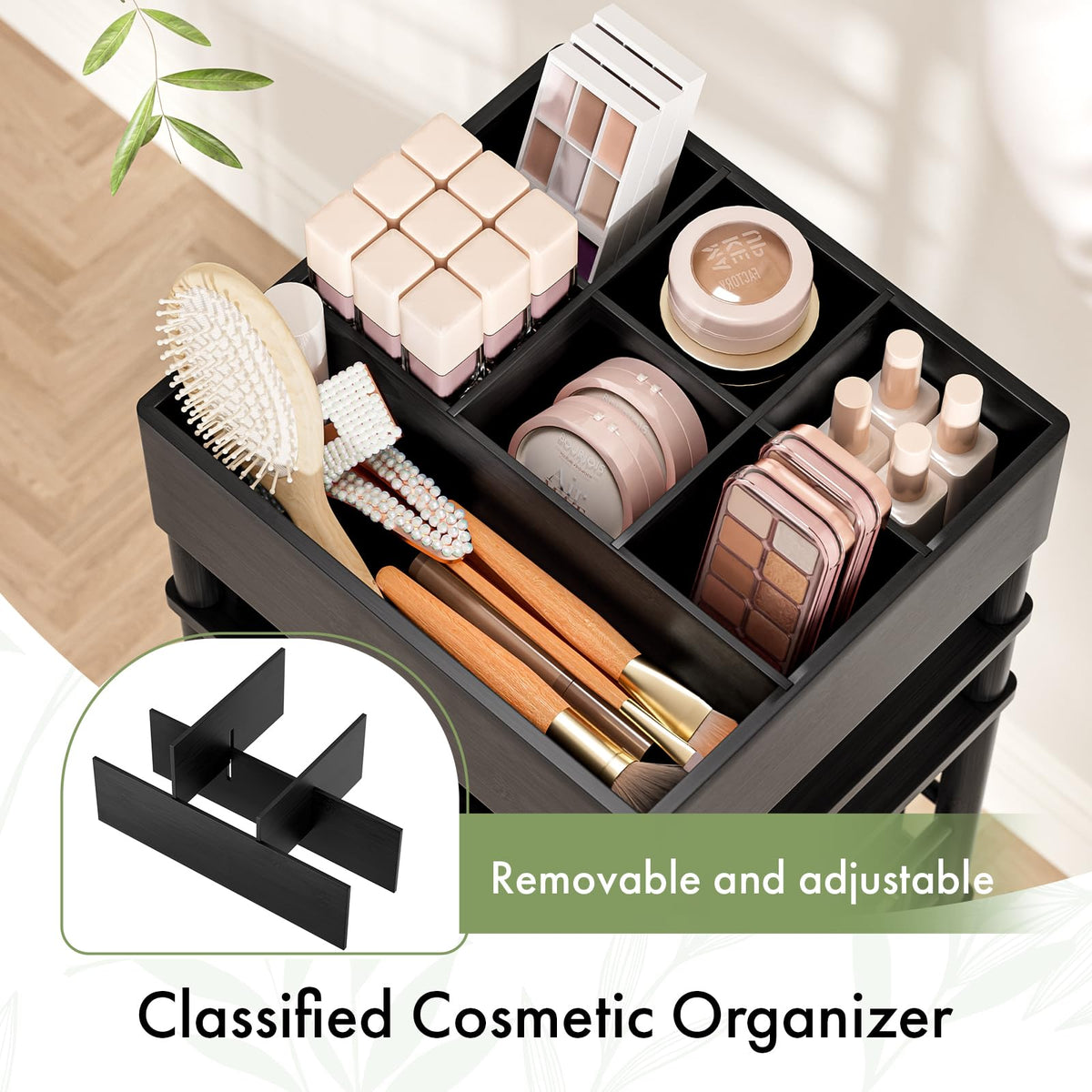 Amazer bamboo vanity organizer with varied drawers keeps brushes and perfumes neat.