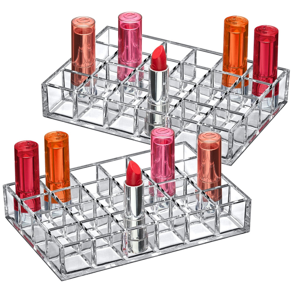 Amazing Abby Allure 24-slot lipstick organizer on vanity for neat makeup.