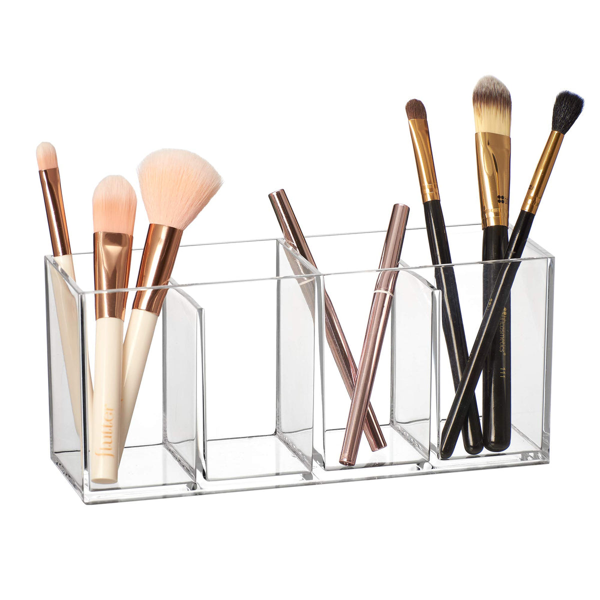 Amazing Abby Glamour acrylic 4-compartment organizer on a vanity, showcasing crystal-clear storage.