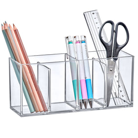 Glamour clear makeup brush holder by Amazing Abby with organized brushes.