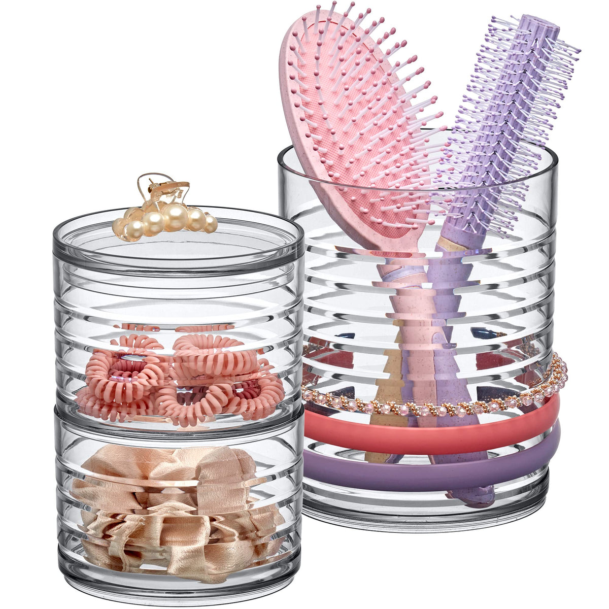 Amazing Abby Intrigue headband organizer in crystal clear acrylic for neat vanity storage.