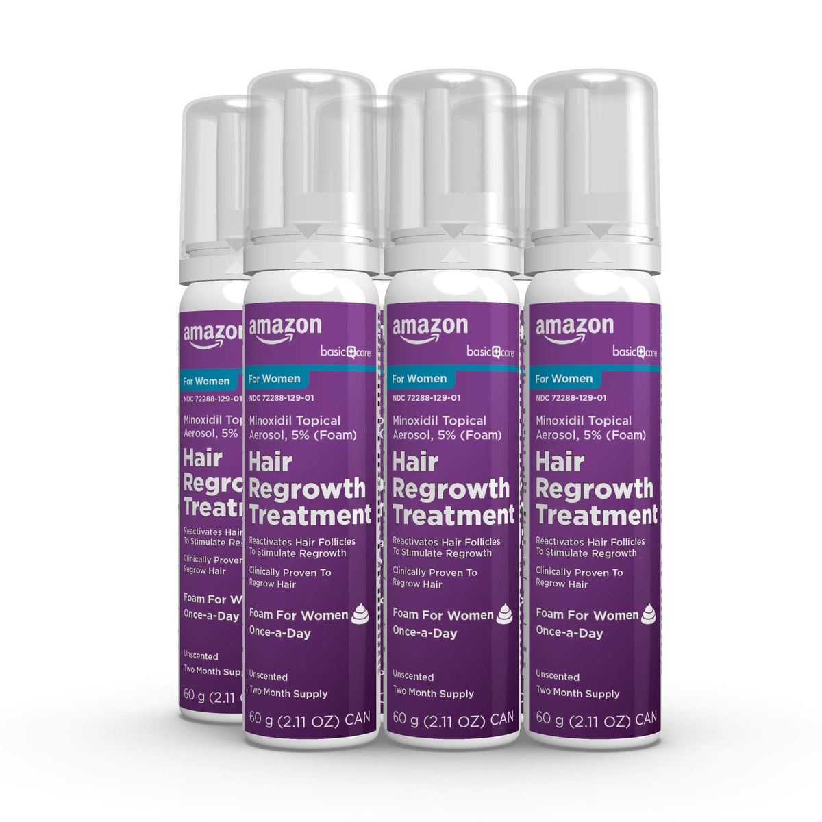 Amazon Basic Care minoxidil foam application demonstrated on the scalp.