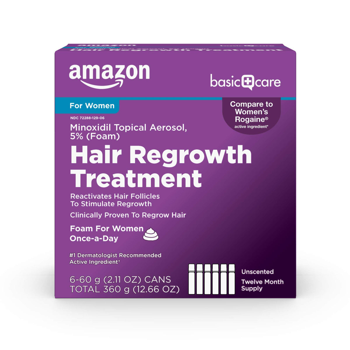 Amazon Basic Care minoxidil 5% foam bottle close-up for targeted crown-area application.