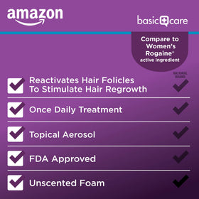 Amazon Basic Care unscented formula displayed on scalp for sensitive-skin suitability.