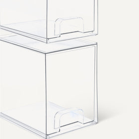 Amazon Basics stackable makeup organizer drawers stacked configuration demonstrates space-saving storage.