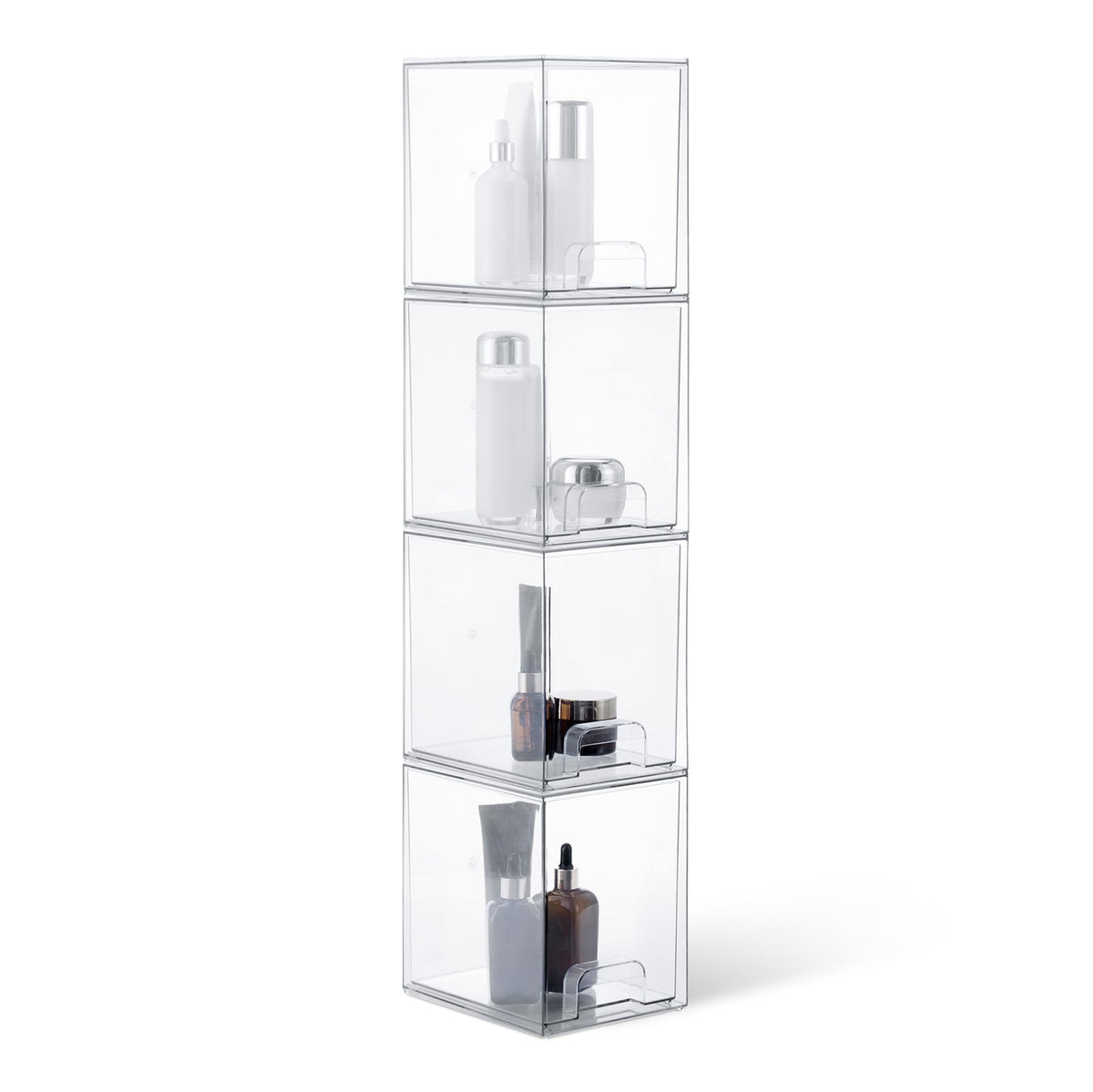 Amazon Basics stackable makeup organizer drawers viewed from top for quick selection.