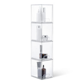 Amazon Basics stackable makeup organizer drawers viewed from top for quick selection.