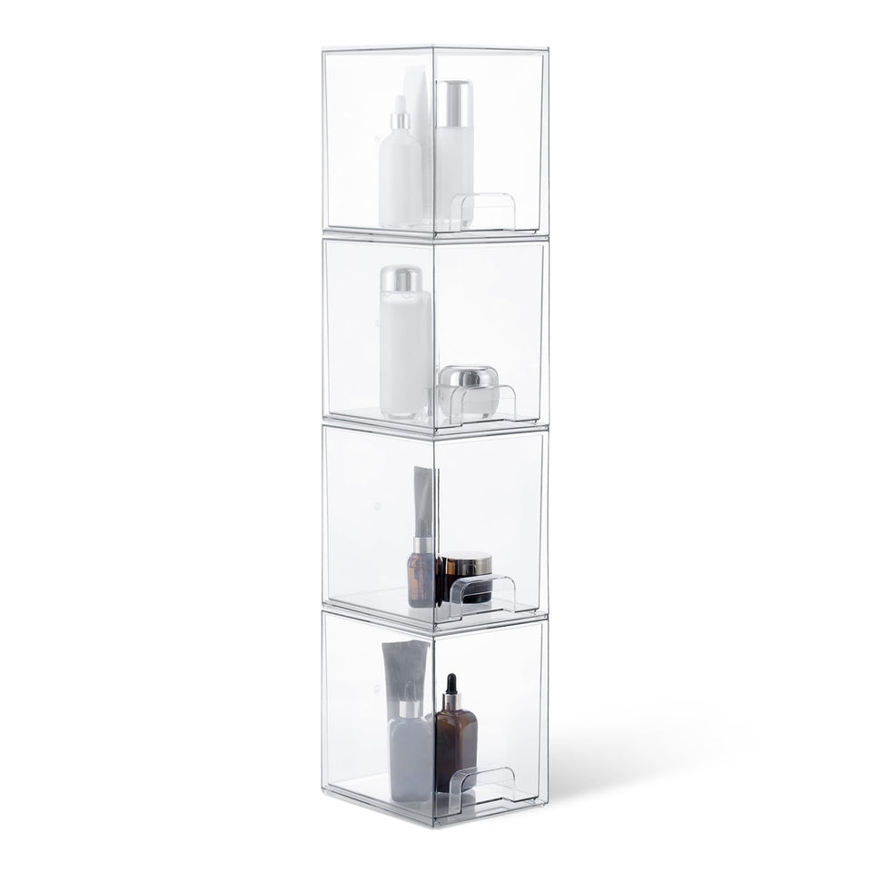 Amazon Basics stackable makeup organizer drawers viewed from top for quick selection.