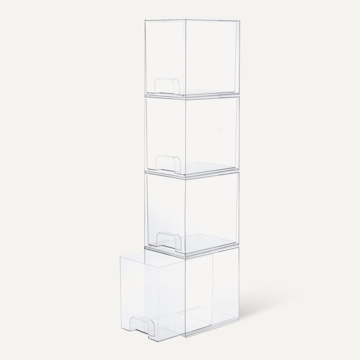 Amazon Basics stackable makeup organizer drawers on vanity top displaying tidy organization.