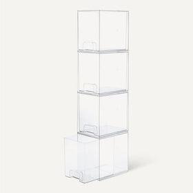 Amazon Basics stackable makeup organizer drawers on vanity top displaying tidy organization.