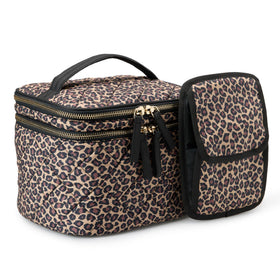 Amazon Essentials leopard quilted cosmetic case with brush storage for organized daily makeup.
