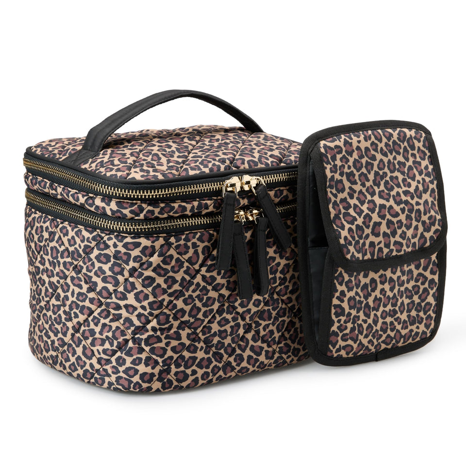Amazon Essentials leopard quilted cosmetic case with brush storage for organized daily makeup.