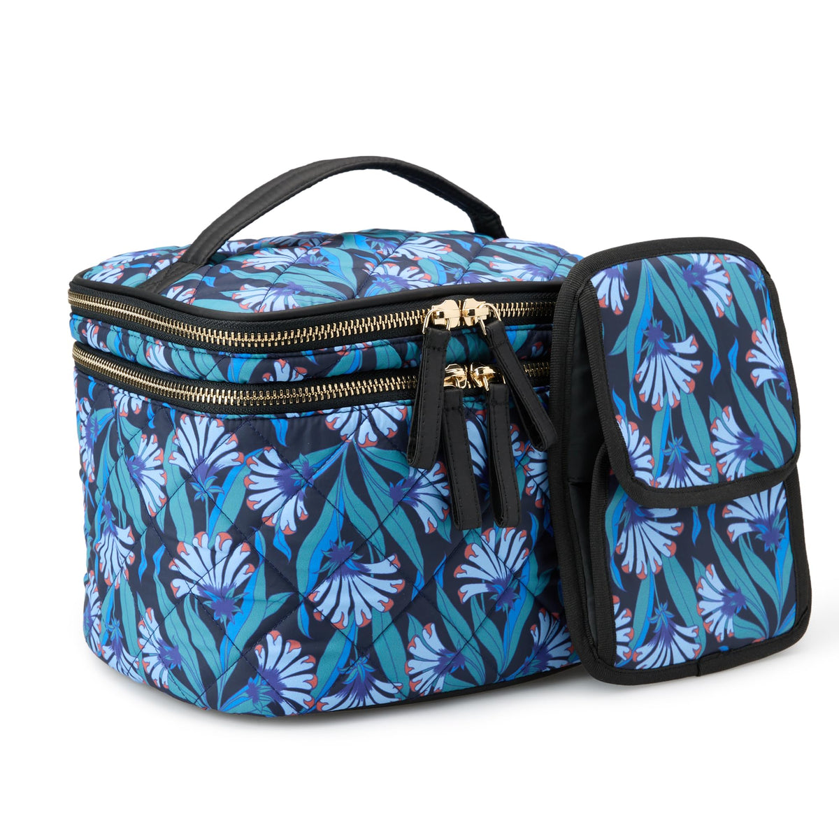Amazon Essentials quilted cosmetic case with blue floral pattern viewed from the front for vanity display.