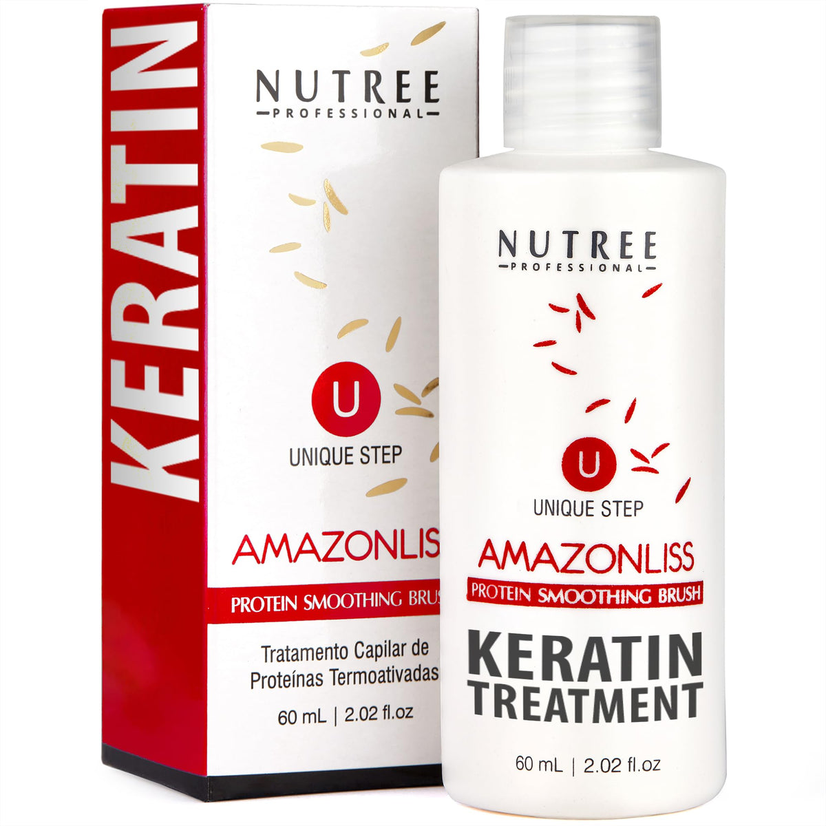 Amazonliss Brazilian Keratin Smoothing Treatment bottle showing frizz control and shine