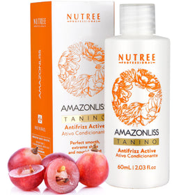 Amazonliss Tanino bottle close-up highlighting premium formula for smooth, hydrated hair.