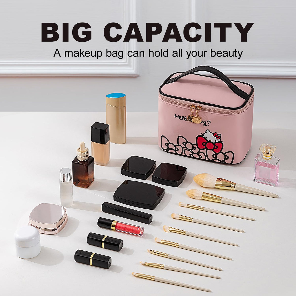 AmBealla waterproof cosmetic bag with Hello Kitty print for travel and daily use.