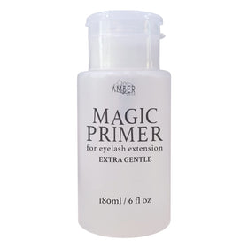 Amber Lash Magic Primer bottle close-up showing gentle lash prep for extensions.
