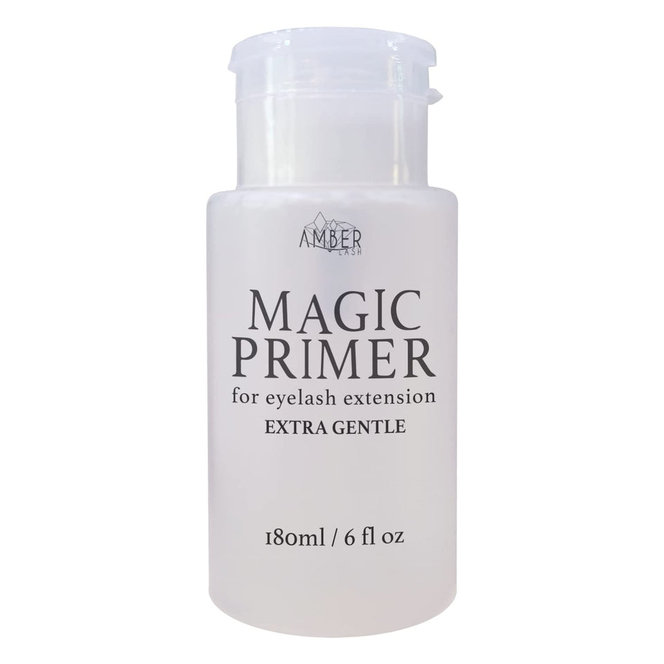 Amber Lash Magic Primer bottle close-up showing gentle lash prep for extensions.