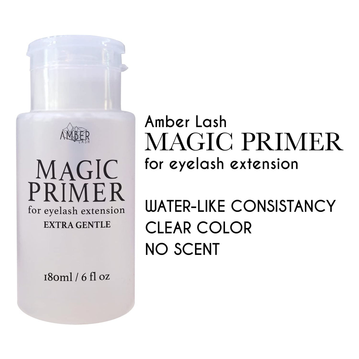 Small amount dispensed from Amber Lash Magic Primer prepares natural lashes for cleaner extensions.