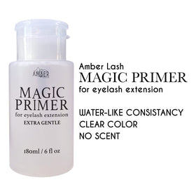 Small amount dispensed from Amber Lash Magic Primer prepares natural lashes for cleaner extensions.