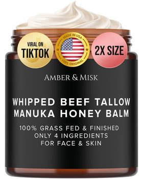 Amber & Misk whipped tallow balm in a jar for deep hydration.