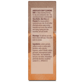 Ambi black soap ingredients highlighting shea butter and aloe.