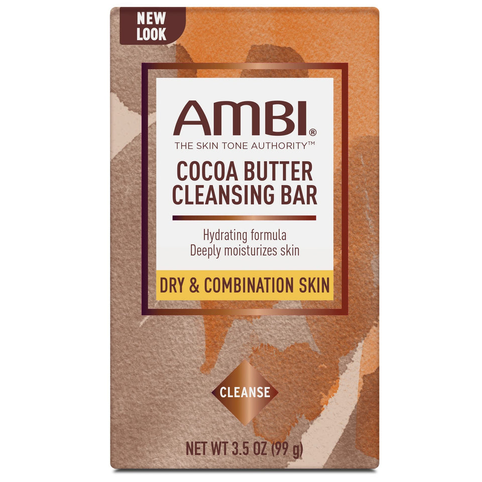 Ambi Cocoa Butter Cleansing Bar 3.5 oz with rich lather for gentle cleansing and daily hydration.