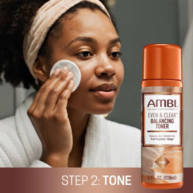 Ambi Even & Clear daily skin tone kit box shows three-step regimen.