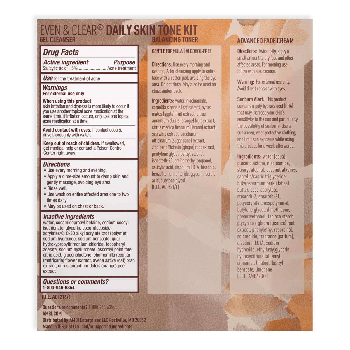 Ambi Even & Clear toner bottle highlighting fruit enzymes and ginger benefits.