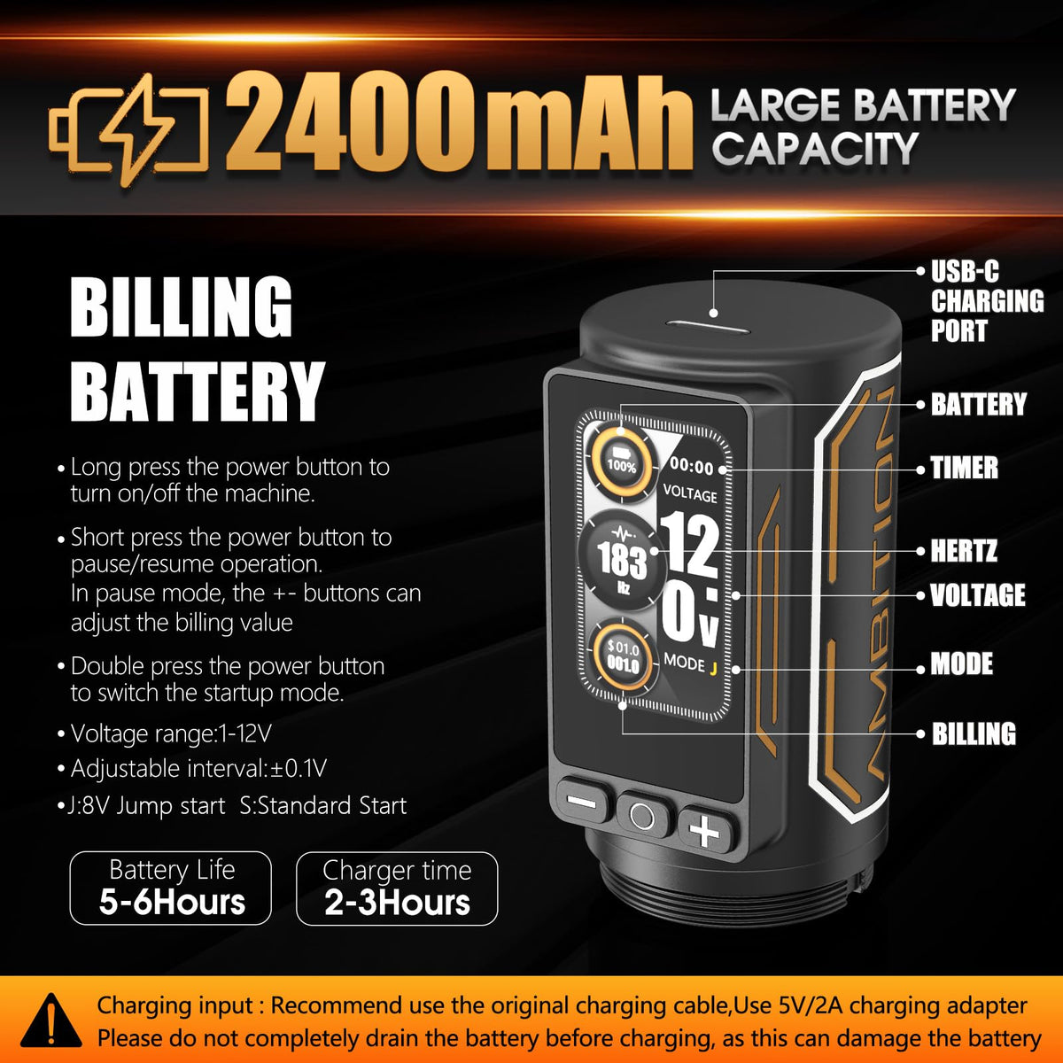 Ambition Ninja Max 280 OLED display, clear readout for voltage and timing during sessions.