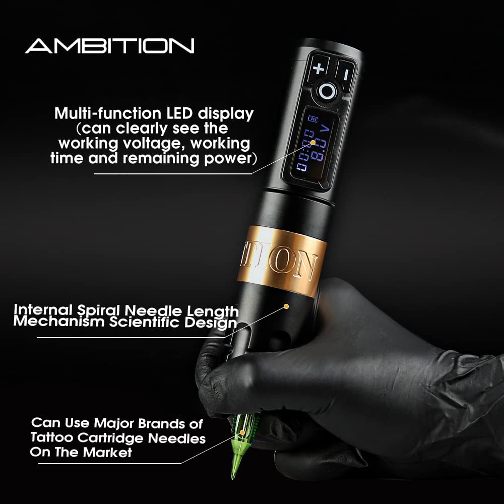 Ambition Soldier rotary tattoo pen with RCA adapter for versatile setup.