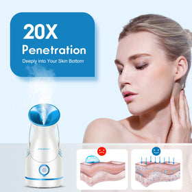 Amconsure steamer in use in bathroom delivering gentle warm mist.