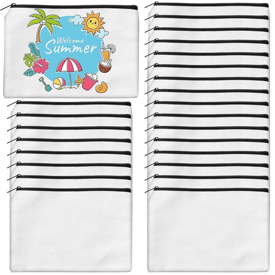 AMDAILY 24-pack sublimation canvas makeup bags with blank surfaces for easy DIY customization.
