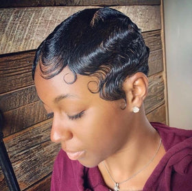 Amecire finger-wave wig pixie back view shows seamless texture for all-day confidence.