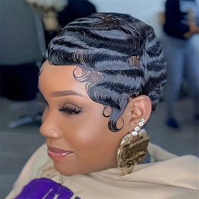 Amecire finger-wave wig texture closeup highlights Brazilian human hair softness and natural shine.