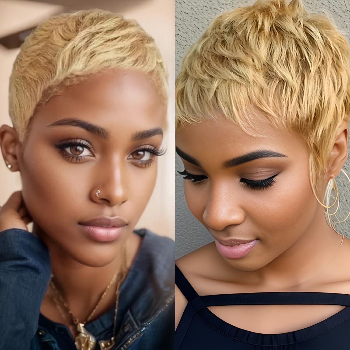 Amecire Pixie Cut Wig close-up texture showcases silky Brazilian hair.