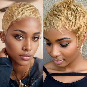Amecire Pixie Cut Wig close-up texture showcases silky Brazilian hair.